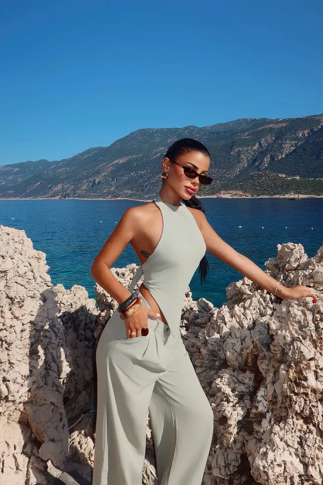 EYYO ATELIER Khaki Sleeveless Halter Neck Palazzo Suit Wholesale Clothing 1