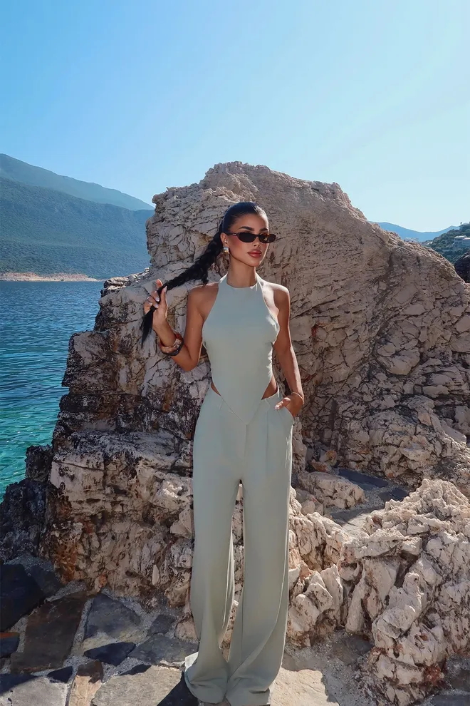 EYYO ATELIER Traje Caqui Sin Mangas Con Escote Halter Y Palazzo Ropa al por mayor Casual