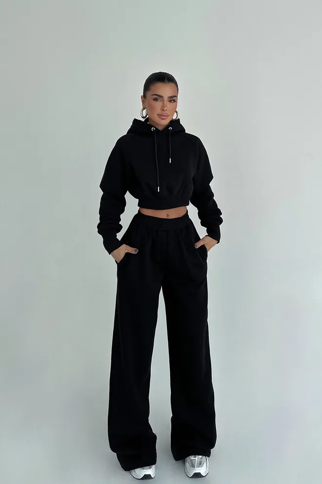 EYYO ATELIER Black Tracksuit Oversized Fit Palazzo Pants Hoodie Wholesale Clothing Casual