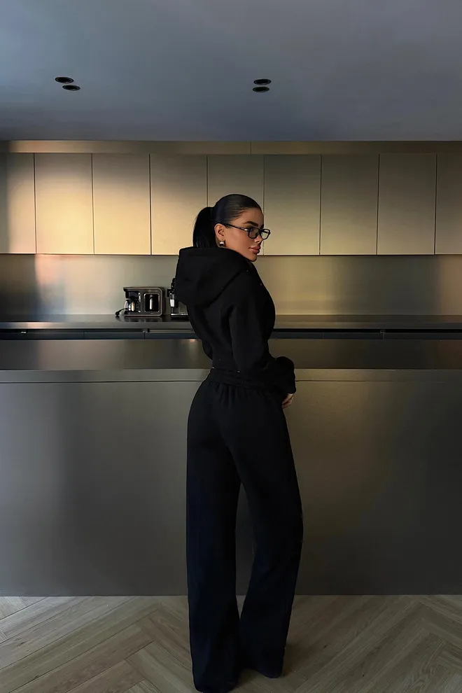 EYYO ATELIER Black Tracksuit Oversized Fit Palazzo Pants Hoodie Wholesale Clothing Spring