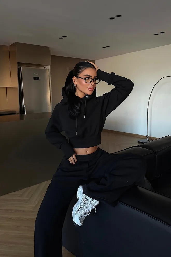 EYYO ATELIER Black Tracksuit Oversized Fit Palazzo Pants Hoodie Wholesale Clothing Lounge