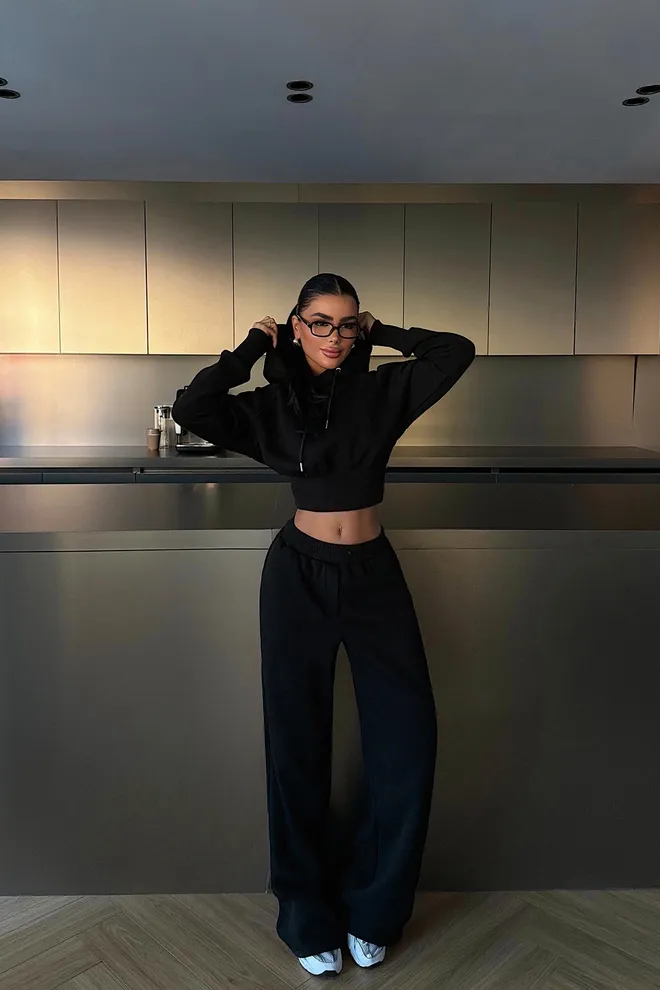 EYYO ATELIER Fato De Treino Preto Tamanho Grande Calças Palazzo Com Capuz Roupas por atacado Modesto