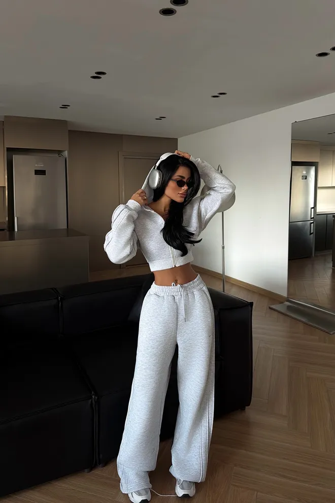 EYYO ATELIER Siva Ozek Kroj V izrez Tekač Trenirka Oblačila na debelo Ležerno