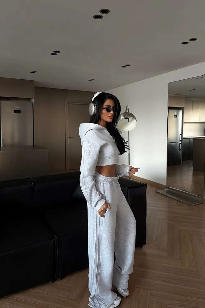 EYYO ATELIER Grey Slim Fit V Neck Jogger Tracksuit Wholesale Clothing 1