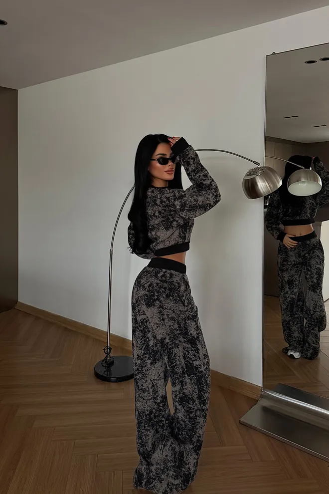 EYYO ATELIER Black Marble Tracksuit With Palazzo Wide Leg Pants Wholesale Clothing Spring