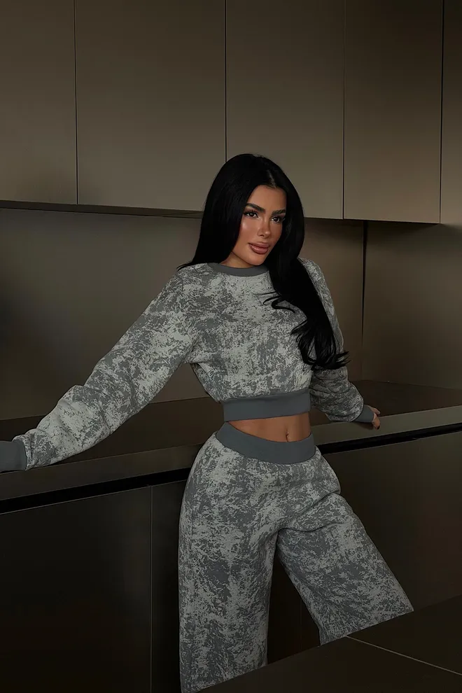 EYYO ATELIER Grey Tracksuit With Brush Stroke Pattern Sporty & Casual Wholesale Clothing Lounge