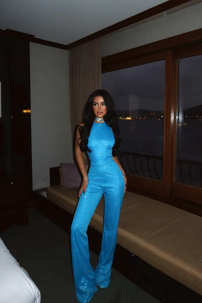 EYYO ATELIER Jumpsuit Blauw Sexy Elegant Glam Gestikt Geen Zak Pull On Mouwloos Fitted Halter Hals Unitard Rechte Mouw Groothandel Kleding Sexy