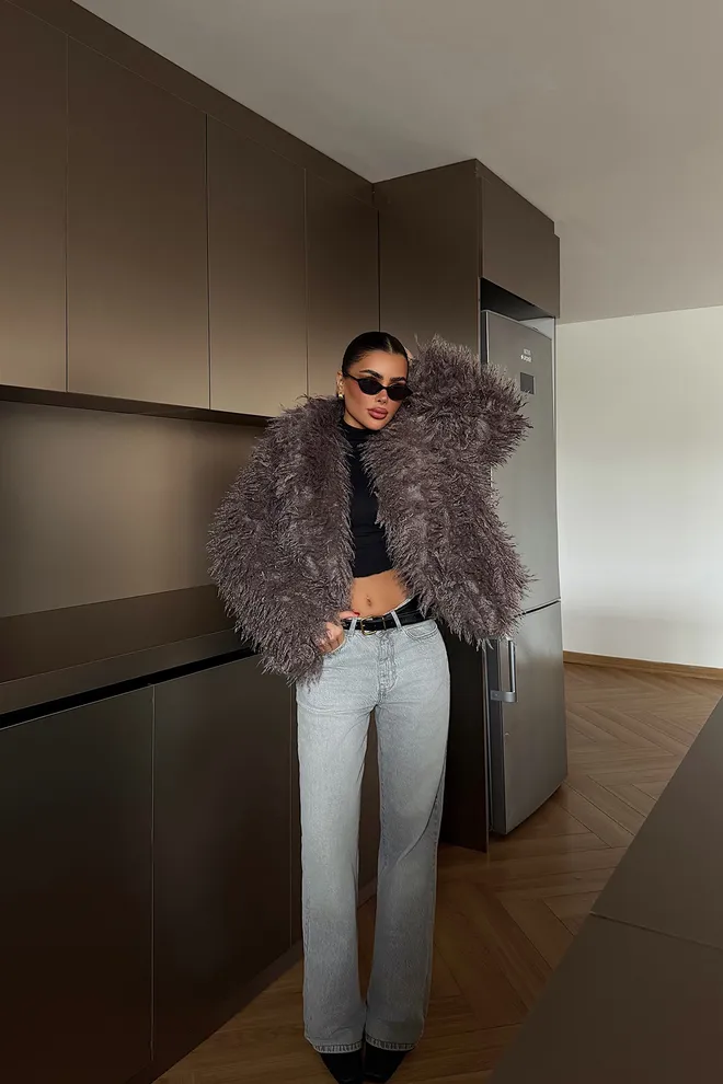 EYYO ATELIER Grey Fur Jacket With Notched Collar And Oversized Fit Wholesale Clothing Work