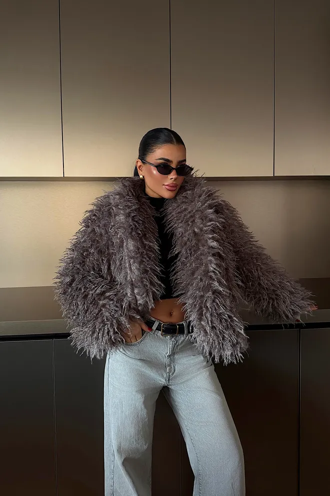 EYYO ATELIER Gri Kürk Ceket Çentikli Yaka Ve Bol Kalıp Toptan Giyim Gündelik