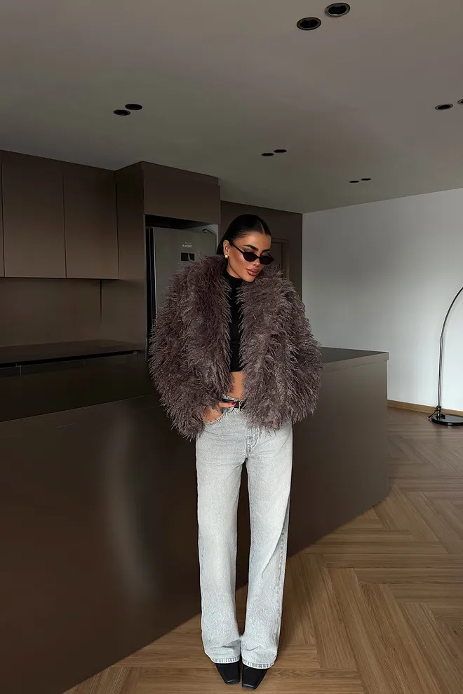 EYYO ATELIER Grey Fur Jacket With Notched Collar And Oversized Fit Wholesale Clothing 1