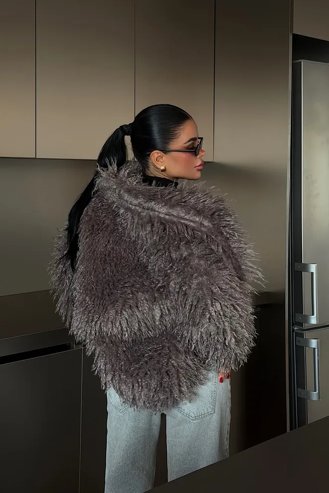 EYYO ATELIER Grey Fur Jacket With Notched Collar And Oversized Fit Wholesale Clothing Fall