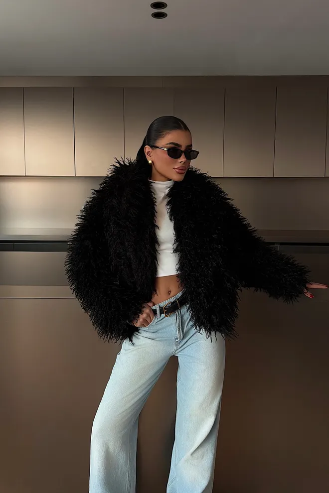 EYYO ATELIER Siyah Kürk Ceket Çentikli Yakalı Ve Düğmeli Kapanışlı Toptan Giyim Gündelik