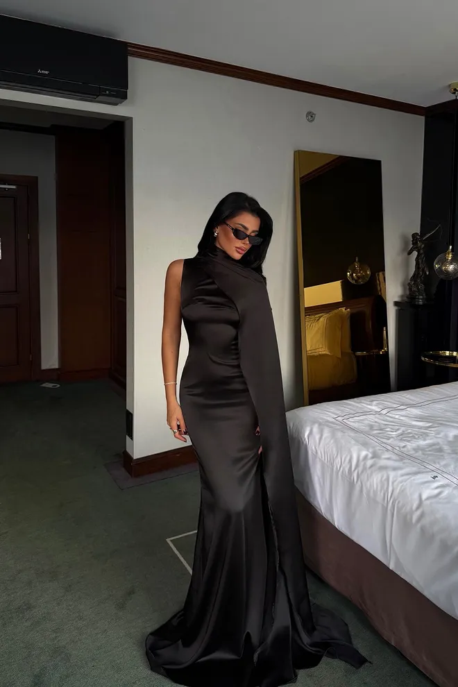 EYYO ATELIER Black Glam Sheath Dress With Cape Sleeves Wholesale Clothing 1