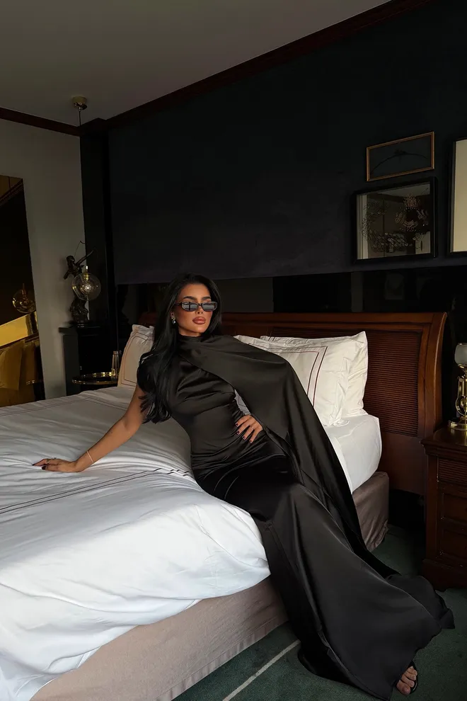 EYYO ATELIER Black Glam Sheath Dress With Cape Sleeves Wholesale Clothing Formal