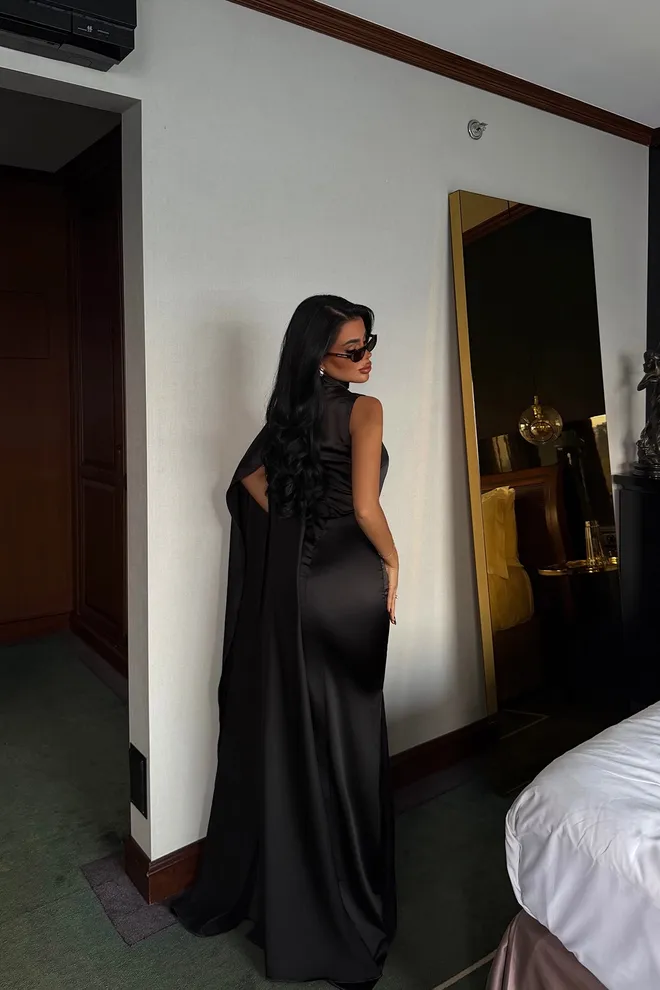 EYYO ATELIER Black Glam Sheath Dress With Cape Sleeves Wholesale Clothing Spring