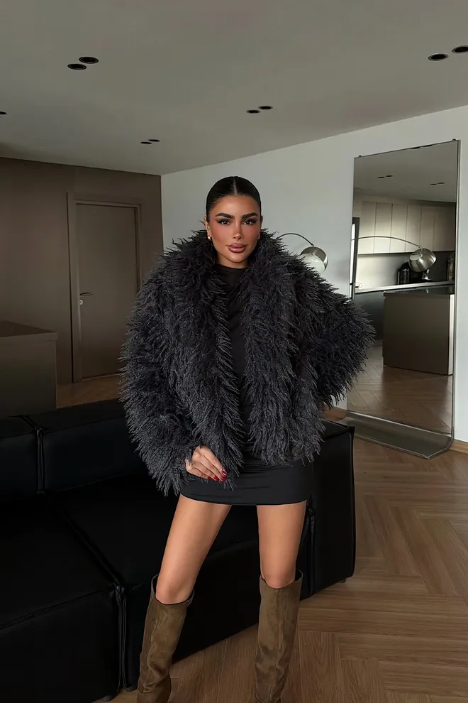 EYYO ATELIER Siyah Kürk Bol Kalıp Işıltılı Ceket Toptan Giyim Gündelik