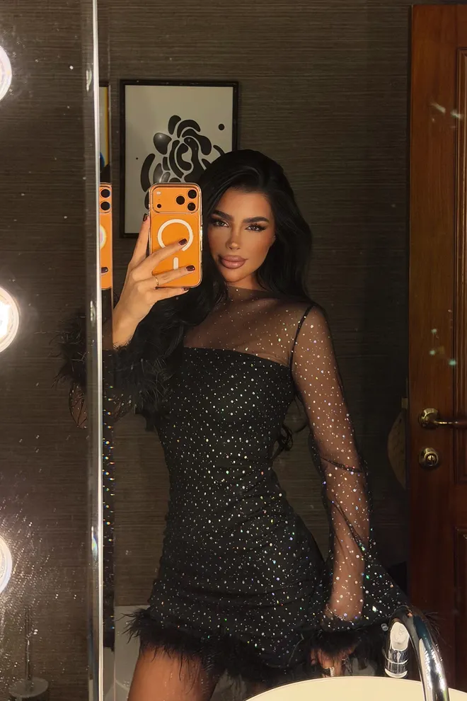 EYYO ATELIER Black Sequined Bodycon Mini Dress With Bell Sleeves Wholesale Clothing Vintage