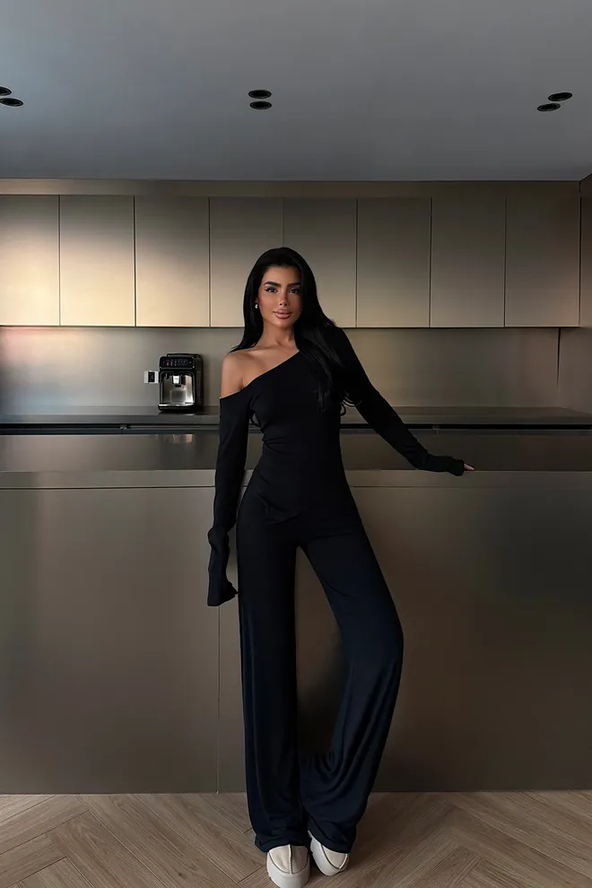 EYYO ATELIER Fato Formal Elegante Preto Com Decote De Um Ombro Roupas por atacado Sensual