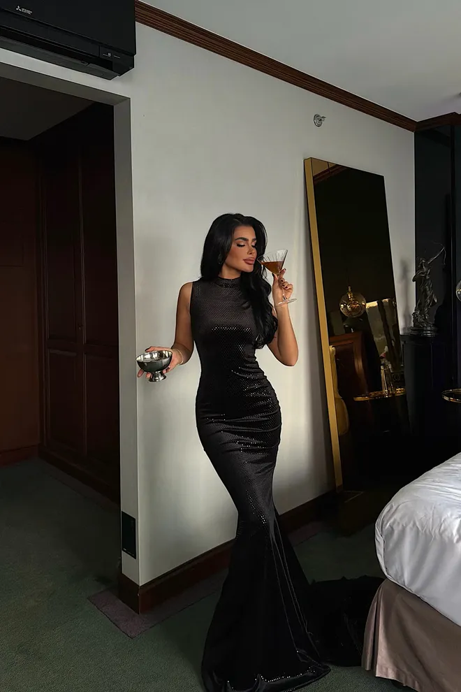 EYYO ATELIER Black Elegant Sequined Sheath Dress High Neck Wholesale Clothing Sexy