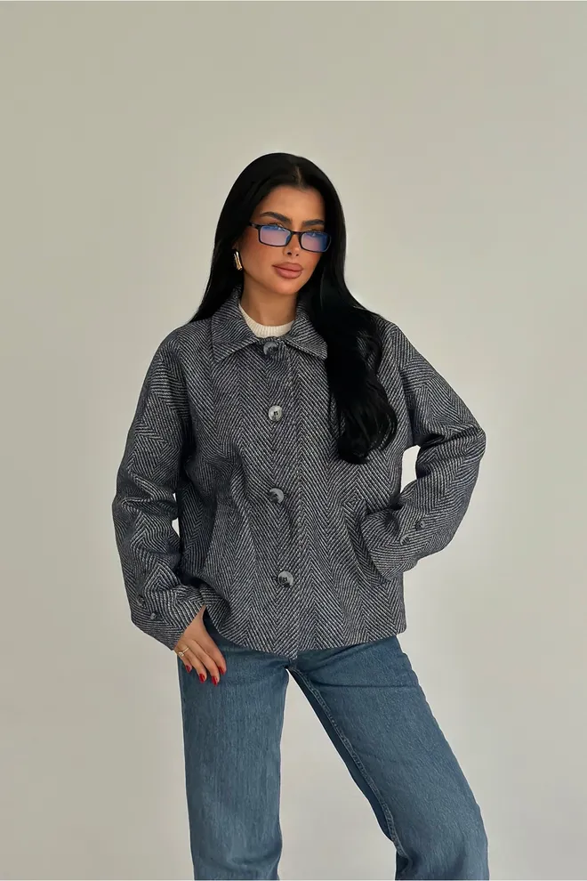 EYYO ATELIER Grey Oversized Fit Herringbone Buttoned Jacket Wholesale Clothing 1