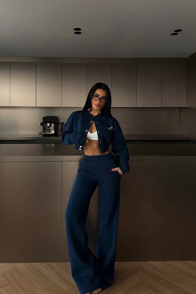 EYYO ATELIER Navy Blue Tracksuit With Wide Leg Palazzo Pants Wholesale Clothing 1