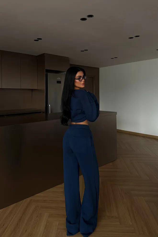 EYYO ATELIER Navy Blue Tracksuit With Wide Leg Palazzo Pants Wholesale Clothing Spring