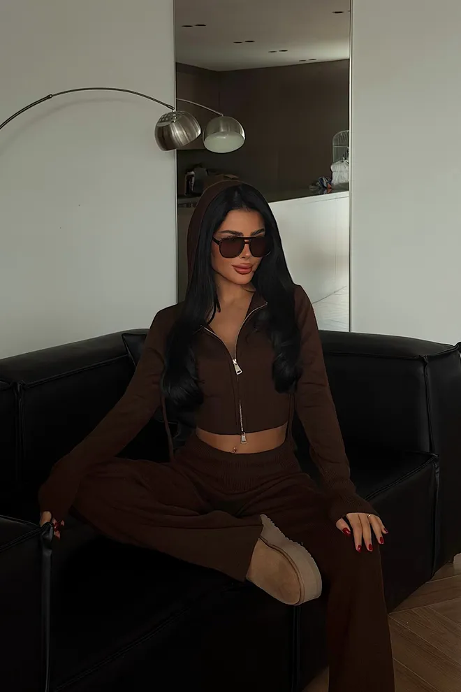 EYYO ATELIER Trening Maro Cu Decolteu Cu Glugă Și Pantaloni Palazzo Cu Crac Larg Îmbrăcăminte cu ridicata Lejer