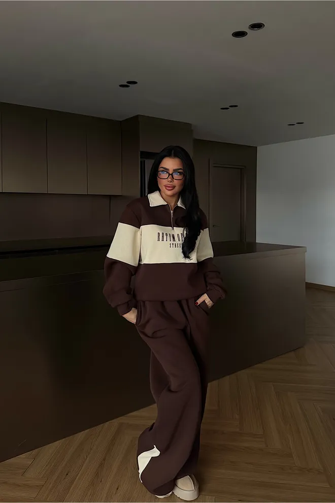 EYYO ATELIER Brauner Trainingsanzug Mit Oversized Passform Und Color Block Jogger Großhandelskleidung Lässig