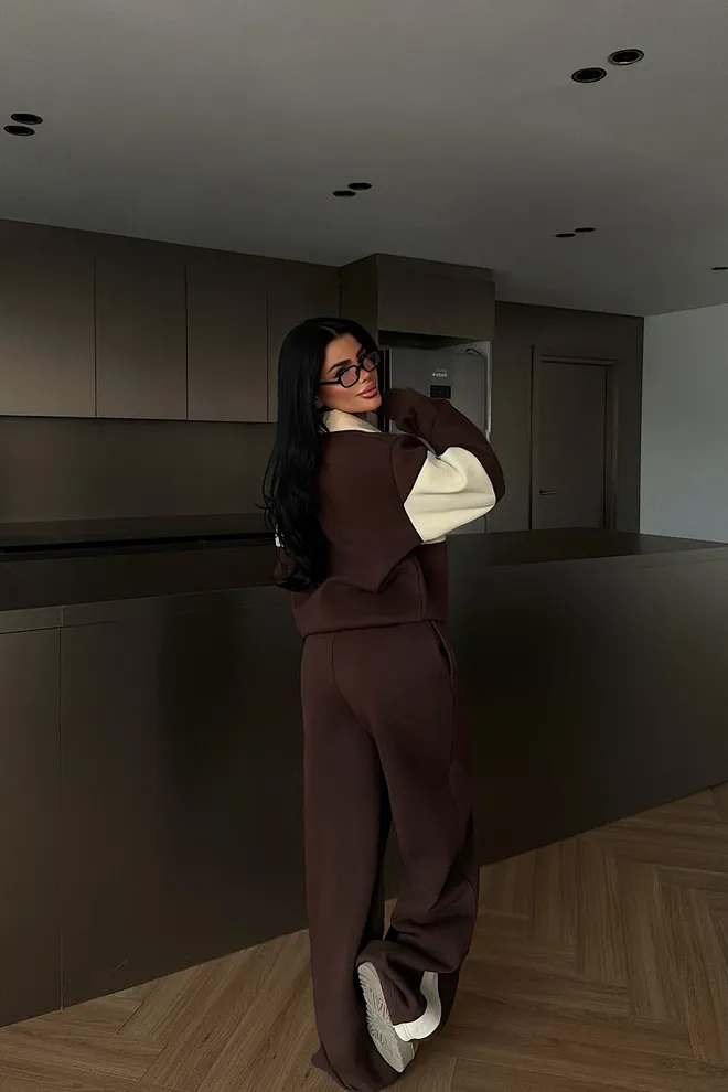 EYYO ATELIER Brown Tracksuit Oversized Color Block Jogger Set Wholesale Clothing Spring