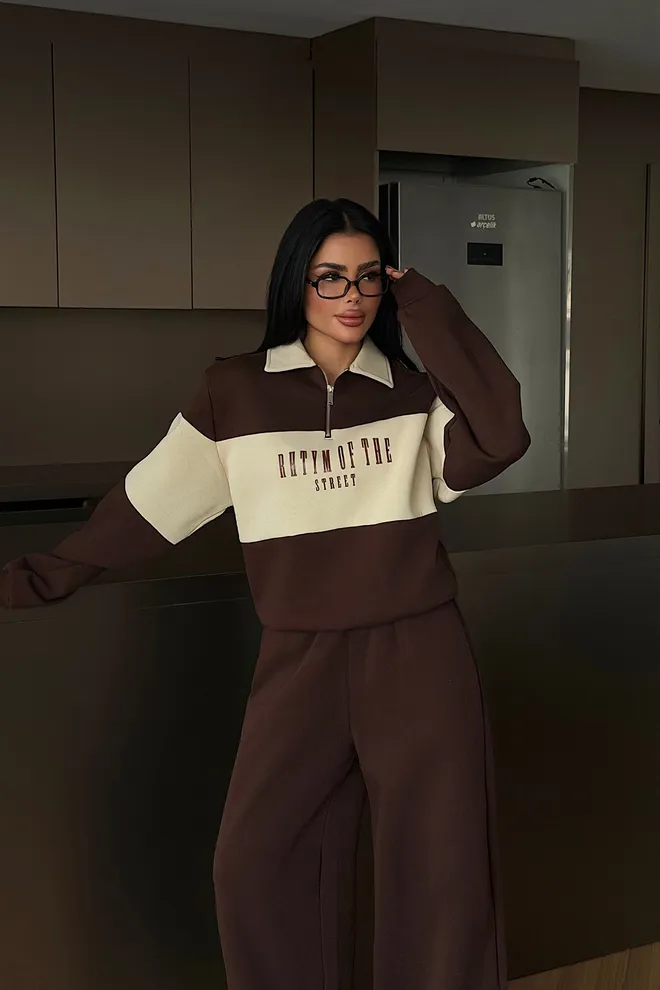 EYYO ATELIER Brown Tracksuit Oversized Color Block Jogger Set Wholesale Clothing 1