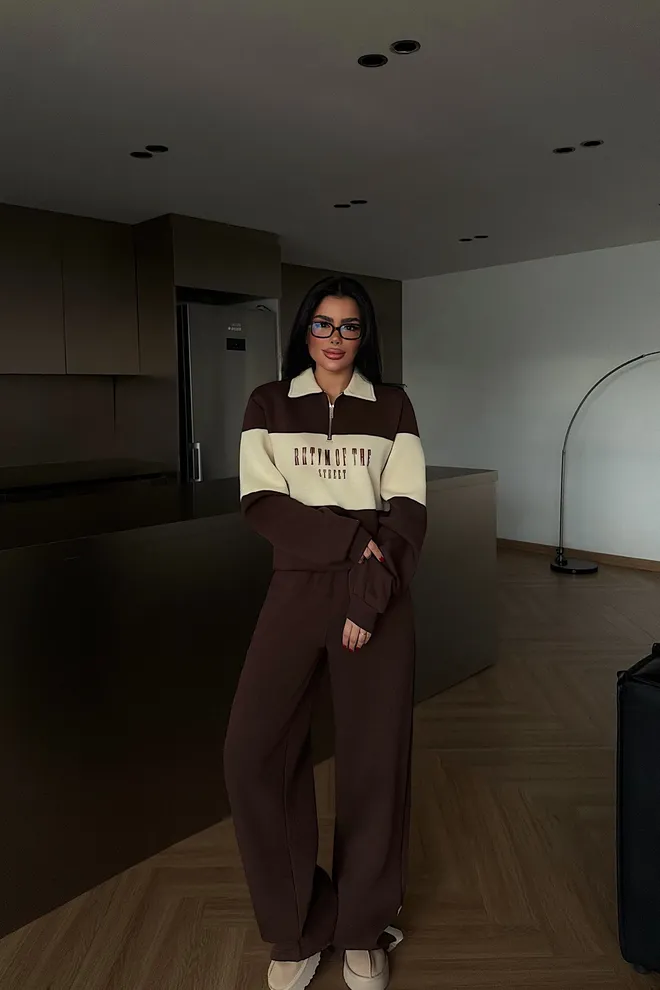 EYYO ATELIER Brown Tracksuit Oversized Color Block Jogger Set Wholesale Clothing Lounge