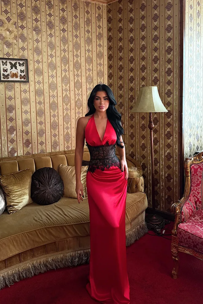 EYYO ATELIER Vestito Rosso Elegante Glamour Lunghezza Fino Al Pavimento Abbigliamento all'ingrosso Sexy