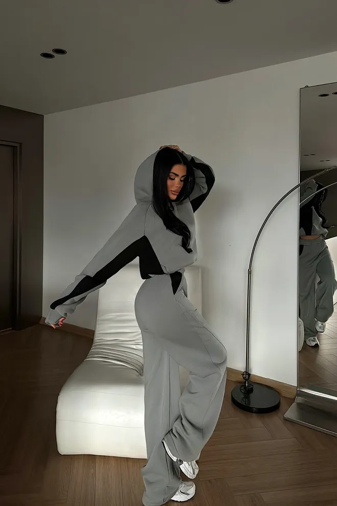 EYYO ATELIER Grey Tracksuit With Oversized Fit & Hooded Neck Wholesale Clothing Spring