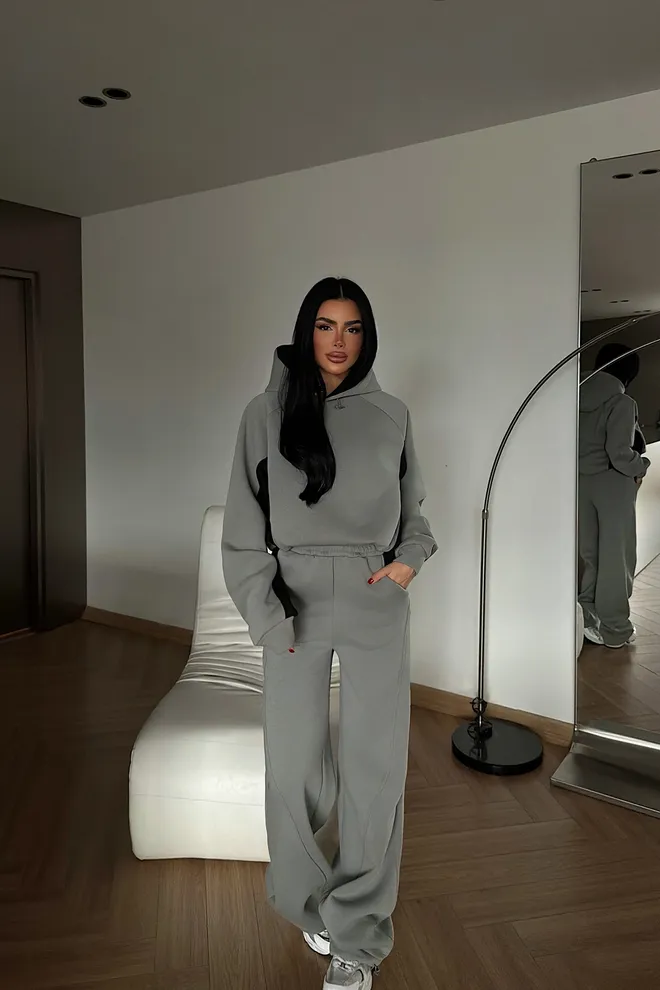 EYYO ATELIER Grey Tracksuit With Oversized Fit & Hooded Neck Wholesale Clothing 1