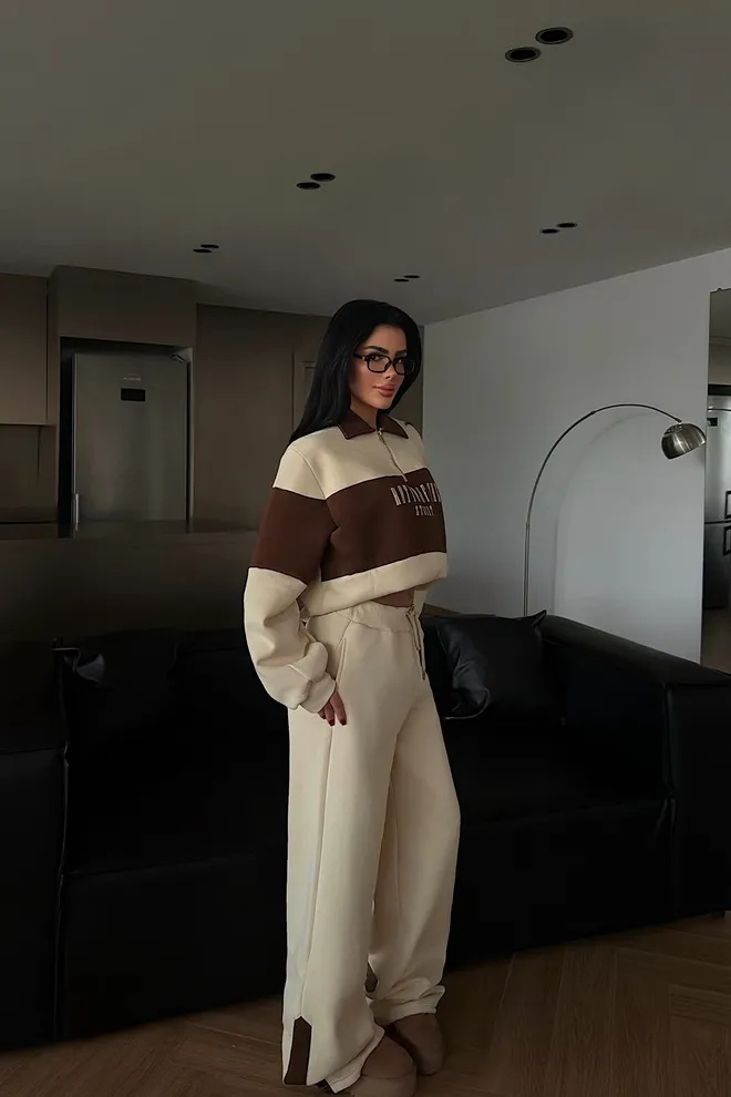 EYYO ATELIER Béžová Tepláková Súprava Bežná Sportová Jogger Na Zips Veľkoobchod s oblečením Doma