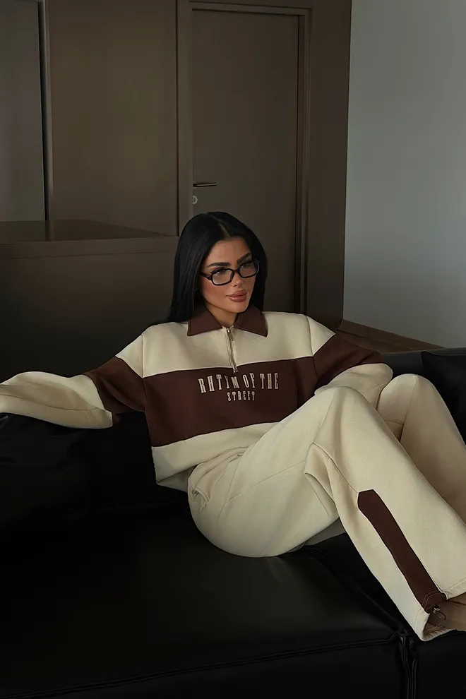 EYYO ATELIER Beige Trainingspak Casual Sport Jogger Met Rits Groothandel Kleding Casual