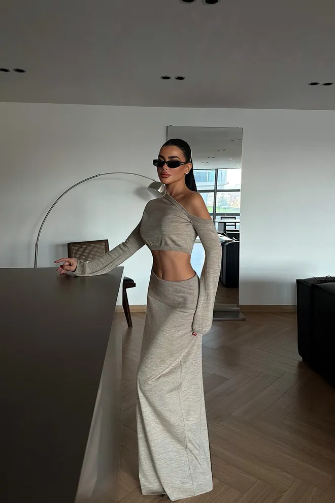 EYYO ATELIER Abito Beige Aderente Vintage Bodycon Maxi Abbigliamento all'ingrosso Annata