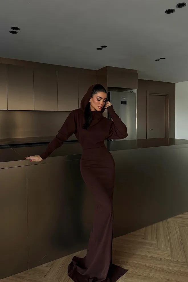 EYYO ATELIER Elegant Brown Sheath Dress With Hooded Neck Wholesale Clothing 1