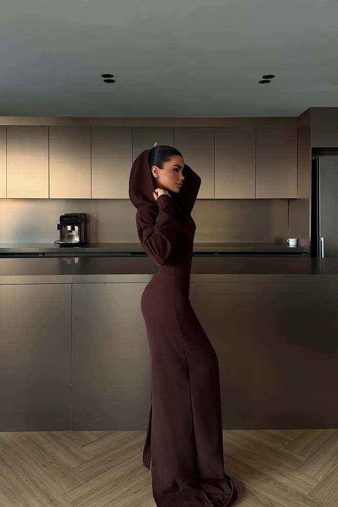 EYYO ATELIER Elegant Brown Sheath Dress With Hooded Neck Wholesale Clothing Spring