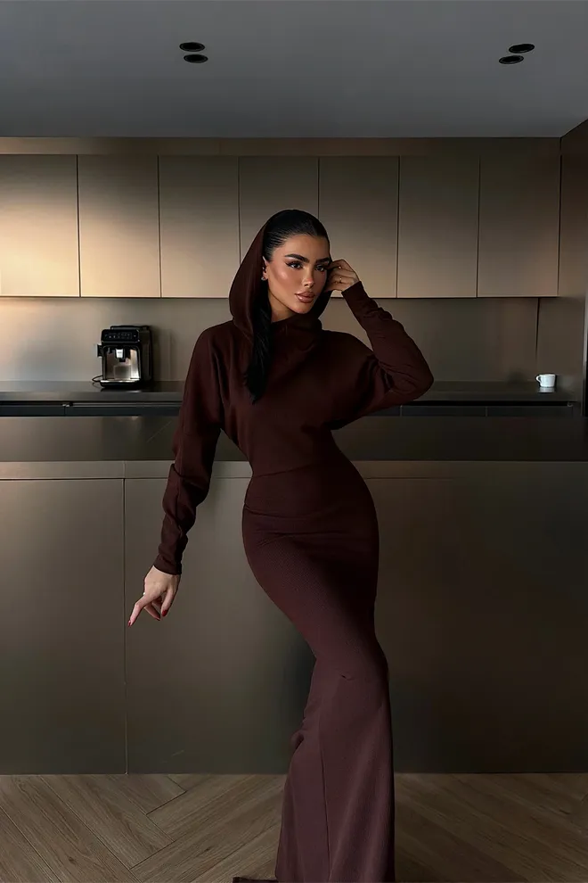 EYYO ATELIER Elegant Brown Sheath Dress With Hooded Neck Wholesale Clothing Cocktail