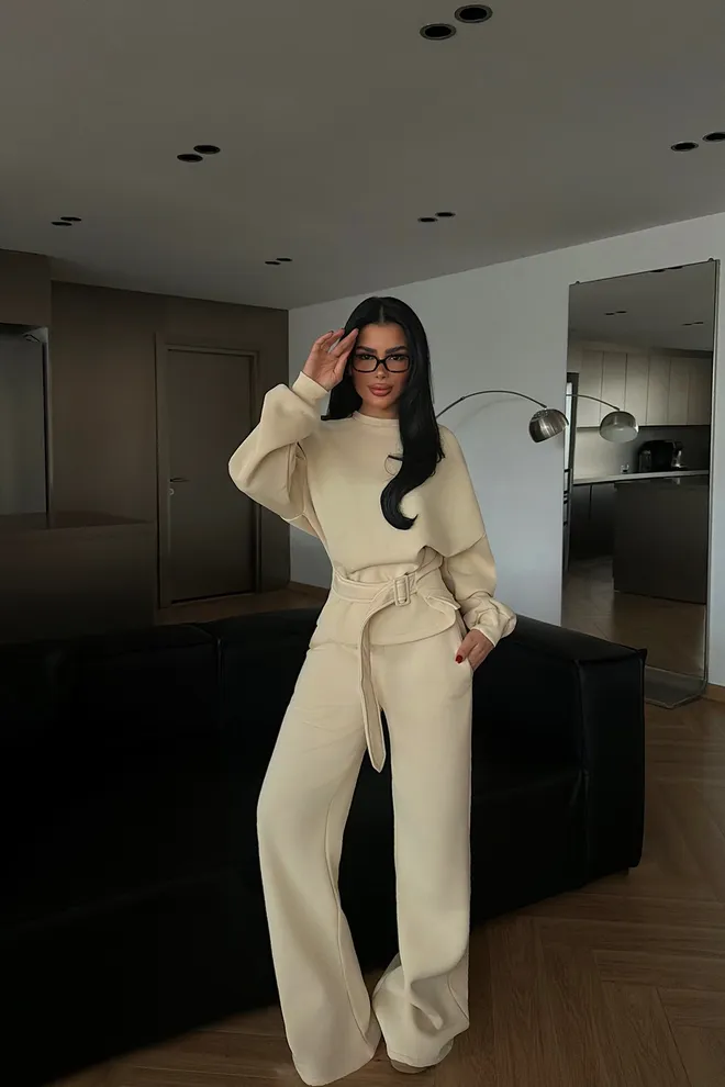 EYYO ATELIER Tuta Beige Con Pantaloni Palazzo A Gamba Larga Abbigliamento all'ingrosso 1