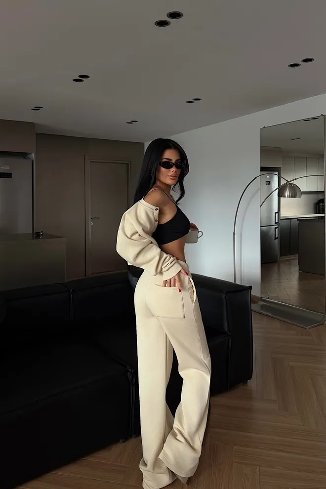 EYYO ATELIER Beige Tracksuit Oversized Jogger With Patch Pockets Wholesale Clothing Lounge