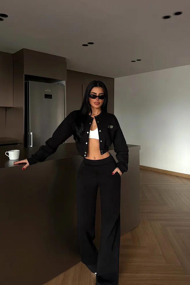 EYYO ATELIER Black Tracksuit With Slant Pocket And Snap Closure Wholesale Clothing Lounge