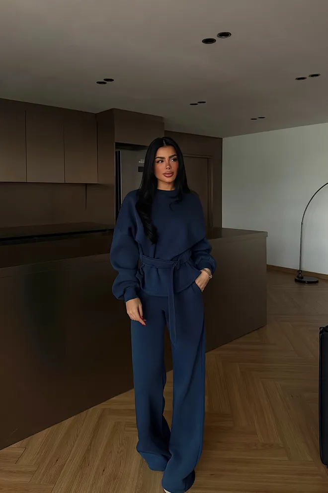 EYYO ATELIER Navy Blue Tracksuit With Wide Leg Palazzo Pants Wholesale Clothing Casual