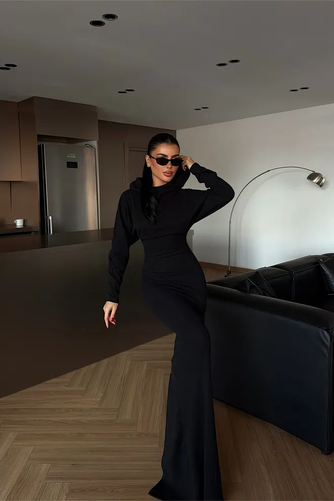 EYYO ATELIER Robe Moulante Noire Élégante À Col À Capuche Vêtements en gros Décontracté