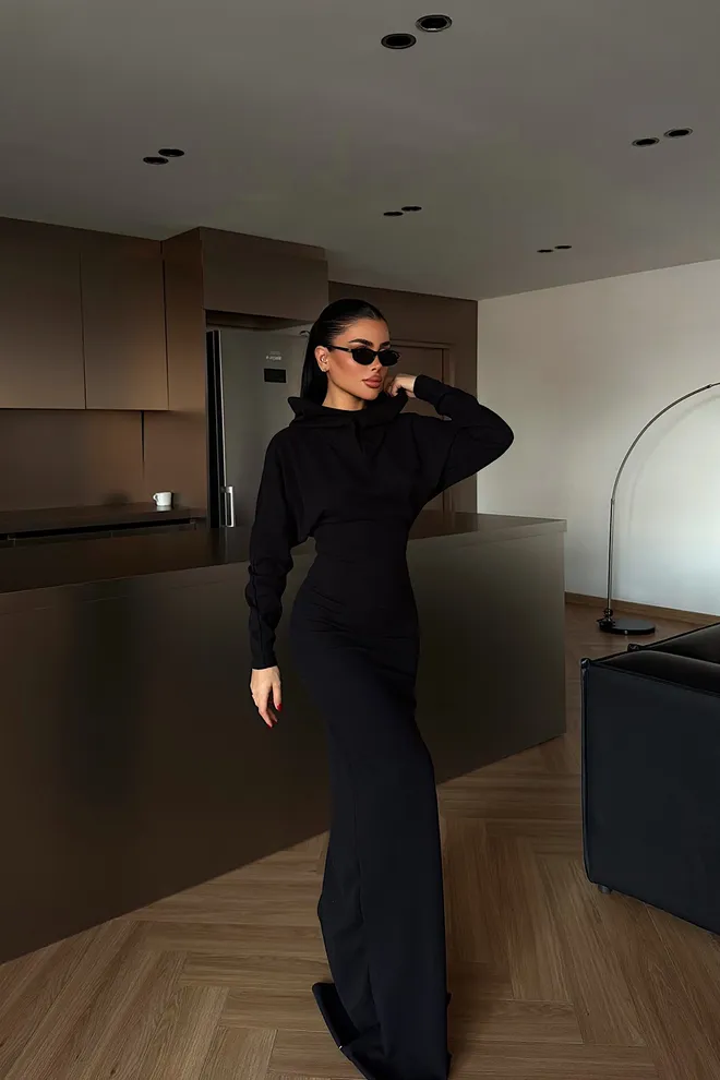 EYYO ATELIER فستان أسود أنيق بديكون برقبة مقنعين ملابس بالجملة 1