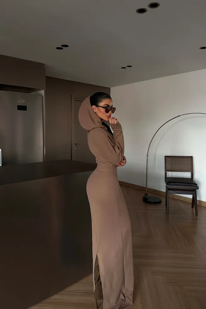 EYYO ATELIER Brown Sweater Dress With Hooded Neck Wholesale Clothing Fall