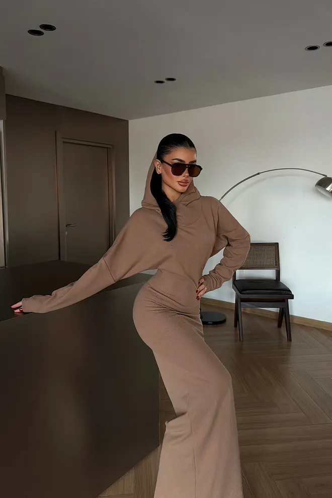 EYYO ATELIER Brown Sweater Dress With Hooded Neck Wholesale Clothing Lounge