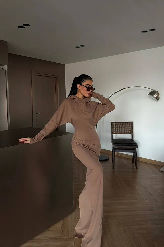 EYYO ATELIER Brown Sweater Dress With Hooded Neck Wholesale Clothing 1