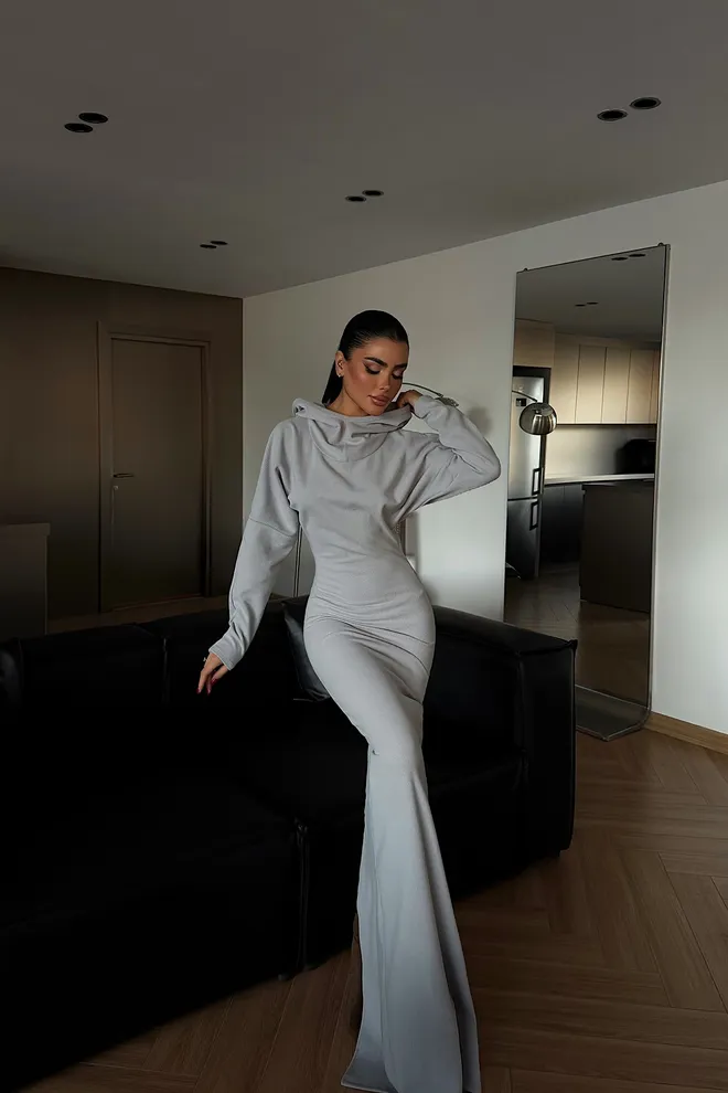 EYYO ATELIER Grey Sheath Dress With Hooded Neck And Long Sleeves Wholesale Clothing Modest